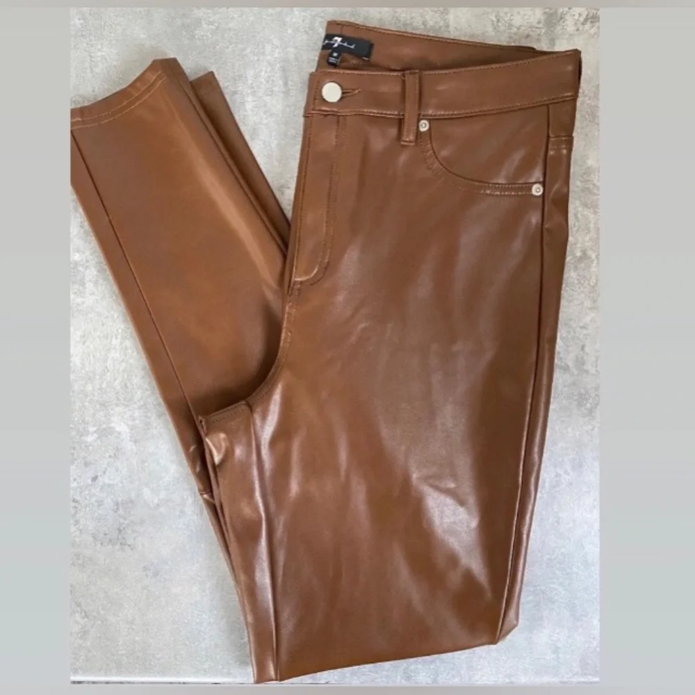 7 For All Mankind Vegan Faux Leather Brown Pants size M Like New - Picture 3 of 6